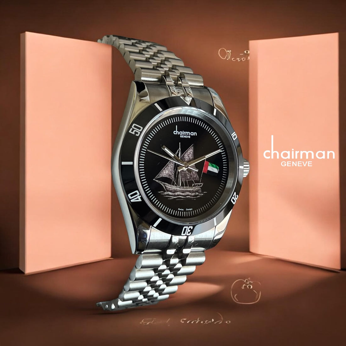 Chairman Geneve UAE Flag Black Dial Silver Chain Gents Watch