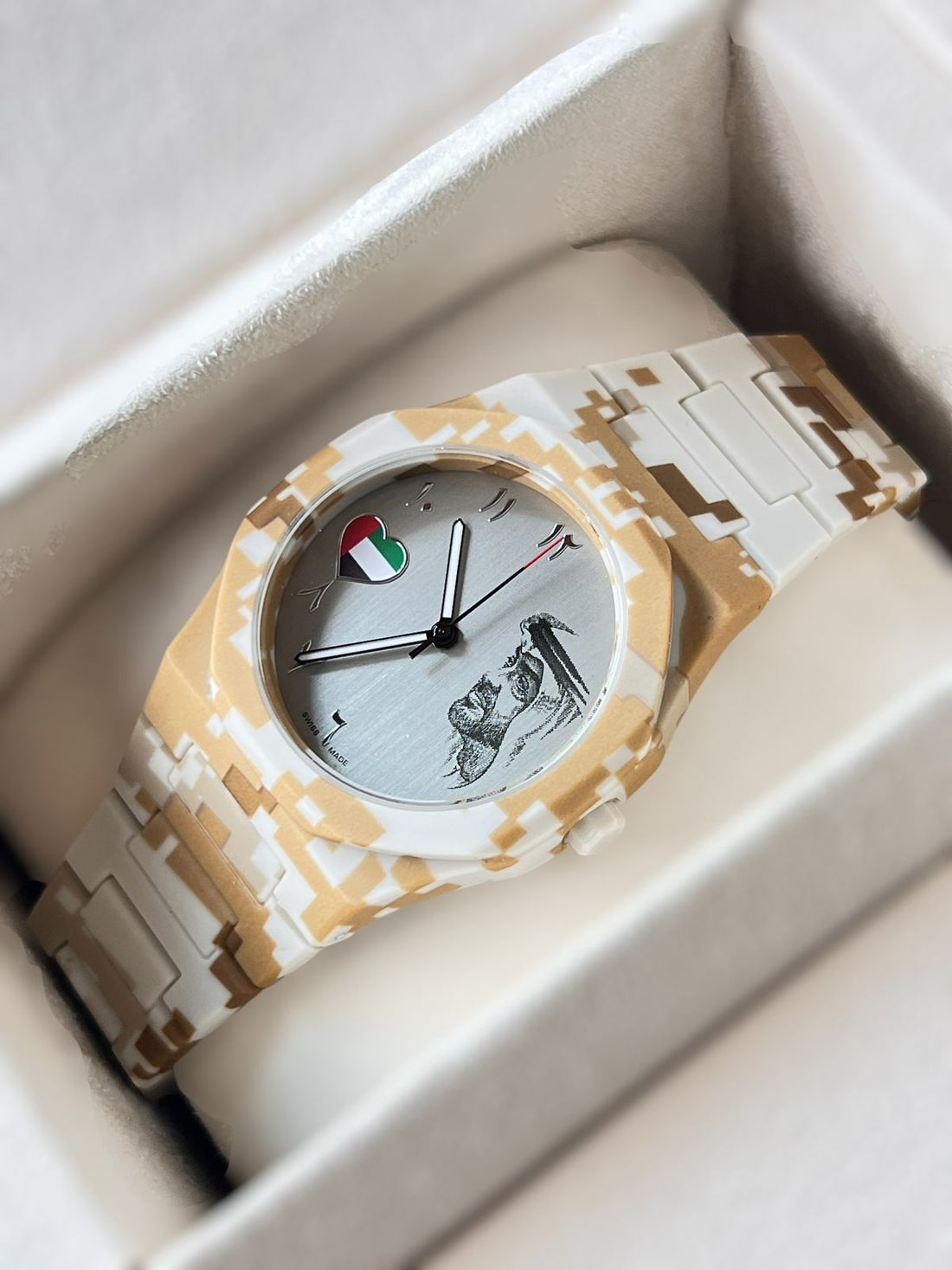 Chairman Geneve UAE Flag Sheik Photo Arabic Grey Dial White And Brown Poly Carbon Gents Watch