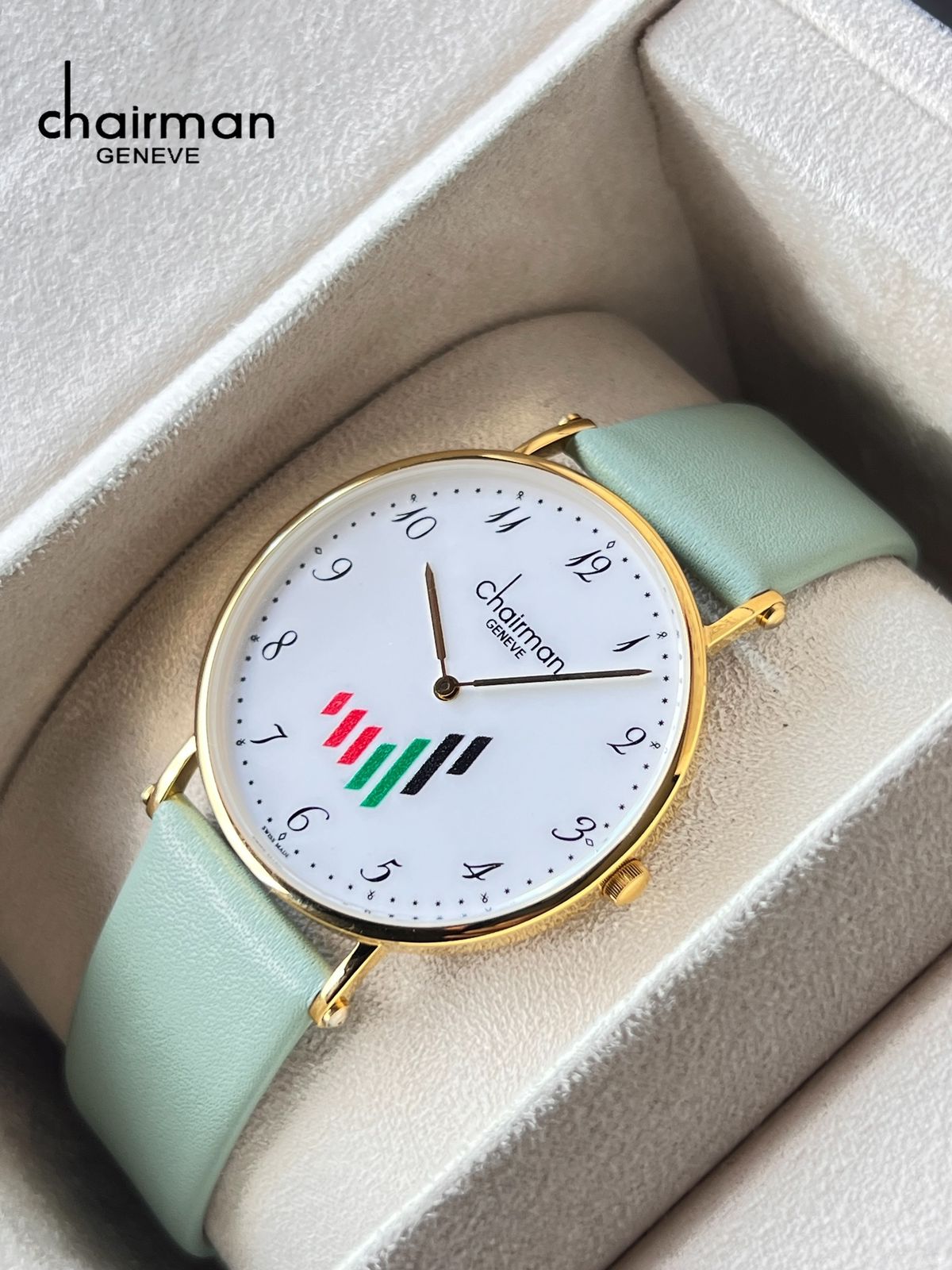 Chairman Geneve UAE Flag White Dial Pastel Green Strap Gents Watch