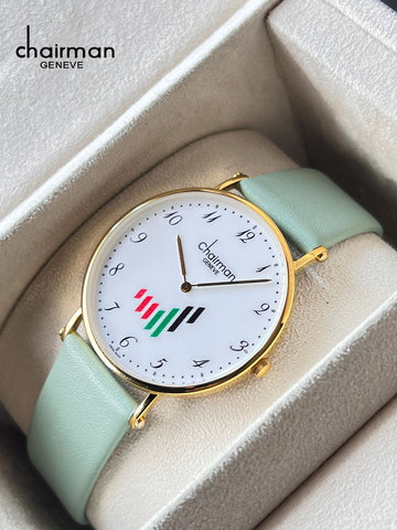 Chairman Geneve UAE Flag White Dial Pastel Green Strap Gents Watch