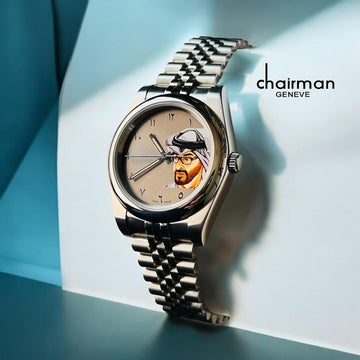 Chairman Geneve UAE Sheik Arabic Beige Dial Silver Chain Gents Watch