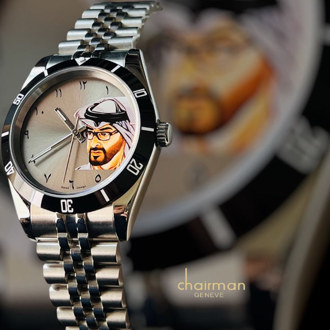 Chairman Geneve UAE Sheik Arabic Beige Dial Silver Chain Gents Watch