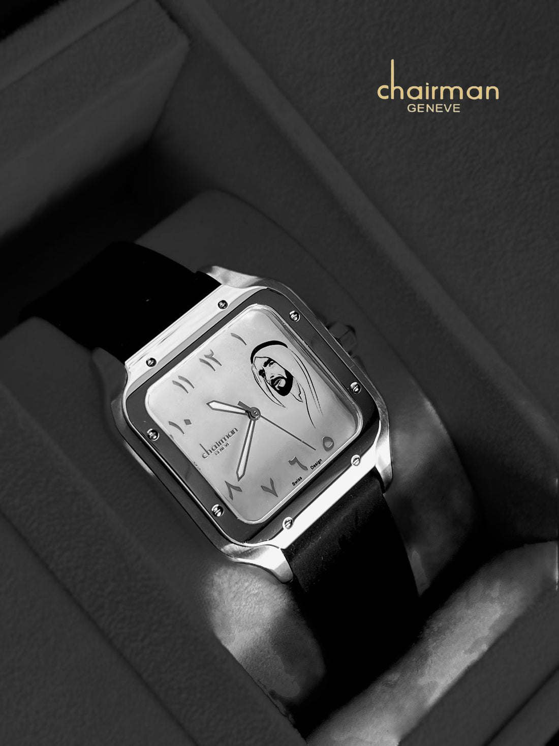 Chairman Geneve UAE Sheik Arabic White Dial Black Strap Gents Watch