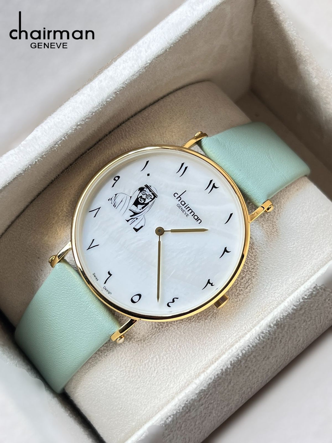 Chairman Geneve UAE Sheik Arabic White Dial Pastel Green Strap Gents Watch