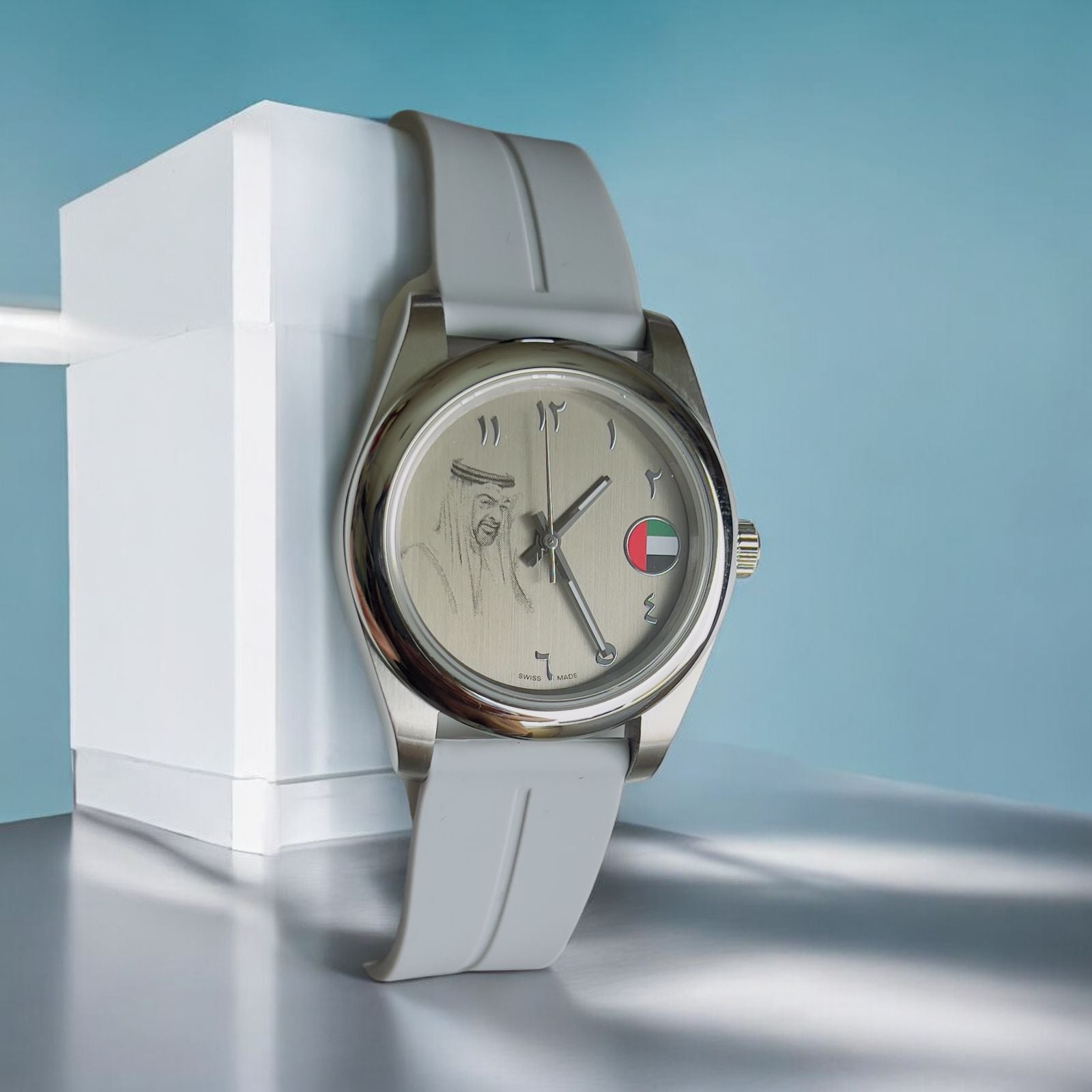 Chairman Geneve UAE Sheik Flag Photo Arabic Grey Dial Grey Strap Gents Watch