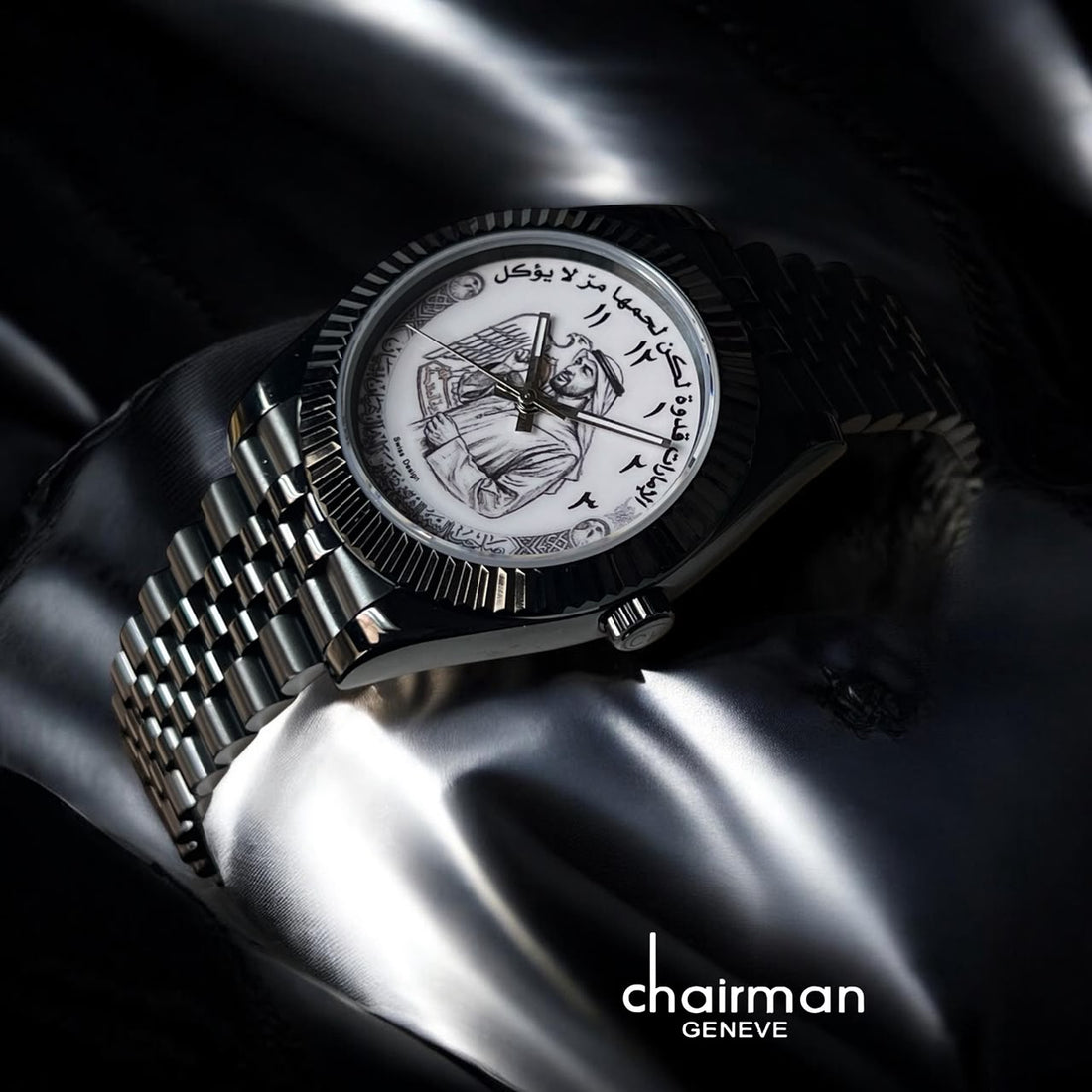 Chairman Geneve UAE Sheikh And Emblem White Arabic Dial Black Chain Gents Watch