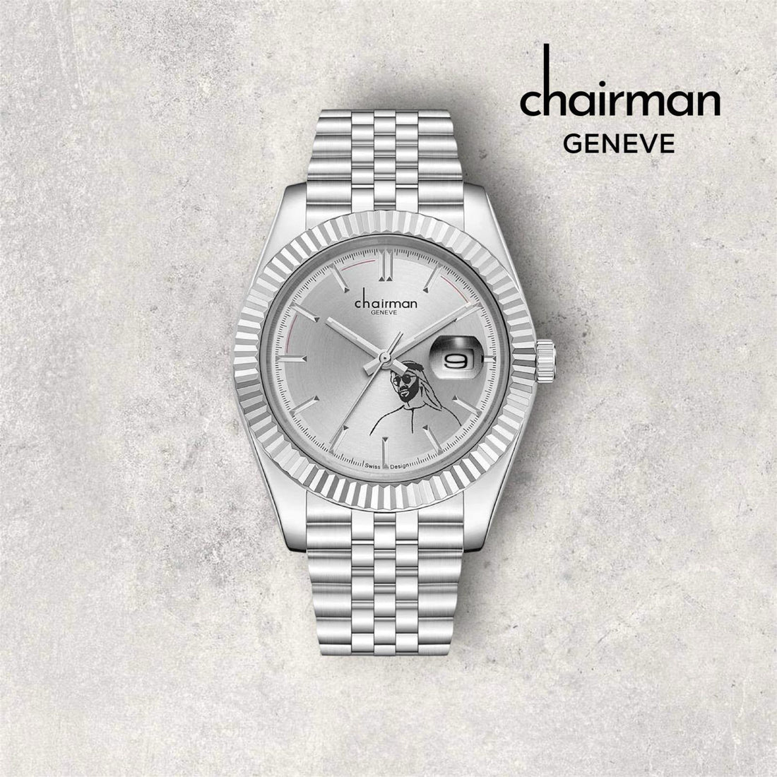 Chairman Geneve UAE Sheikh Dated Baby Grey Dial Silver Chain Gents Watch