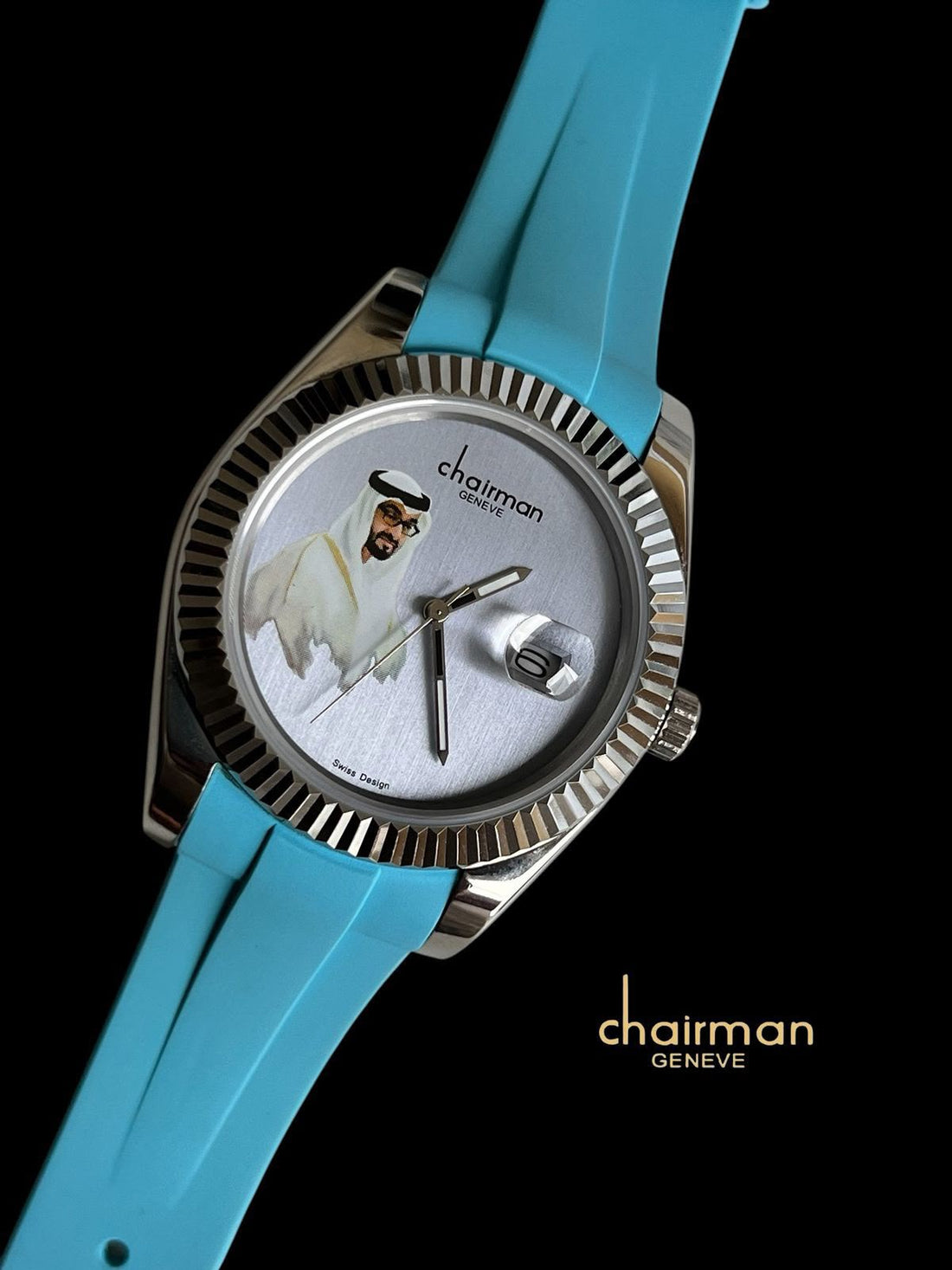 Chairman Geneve UAE Sheikh Dated Grey Dial Blue Strap Gents Watch