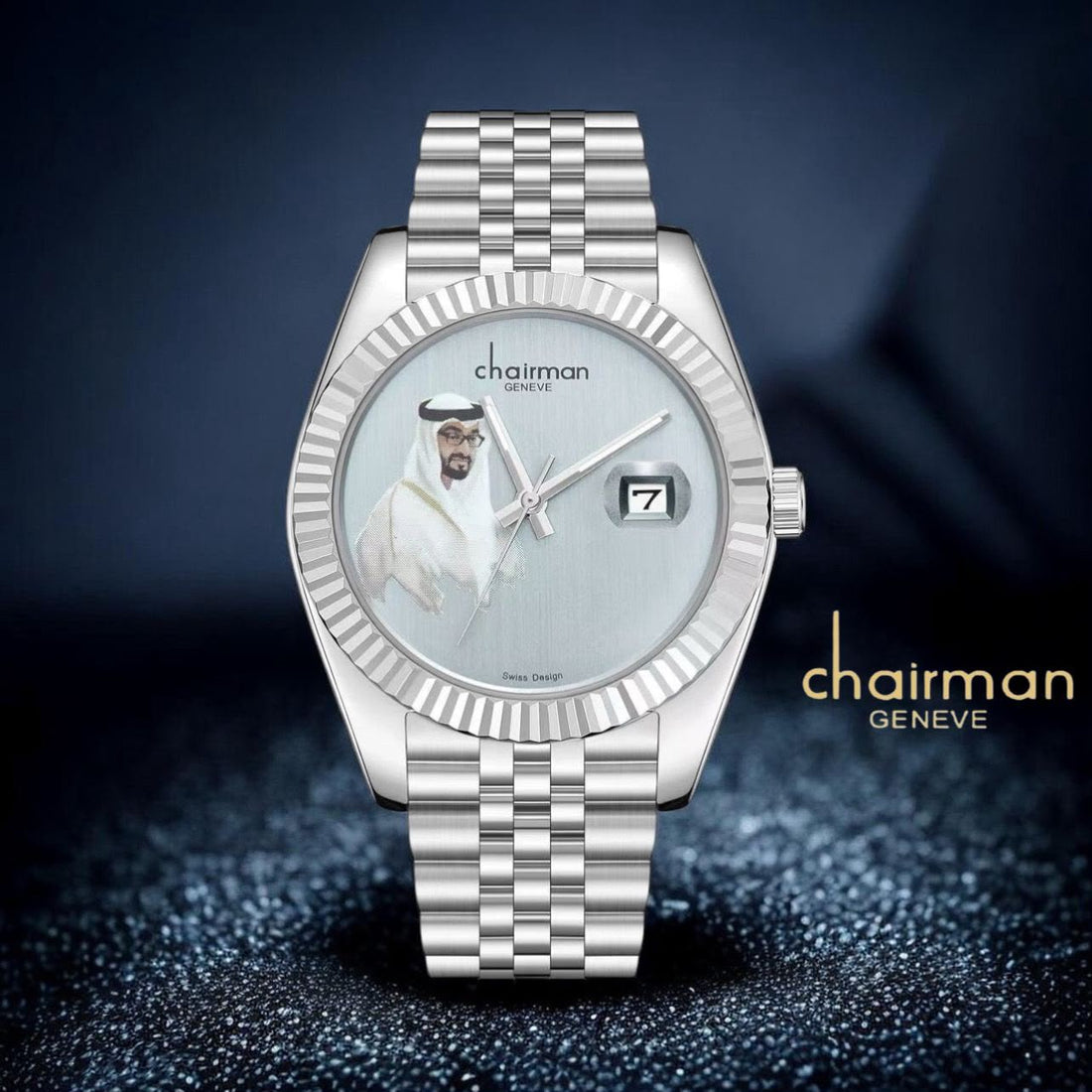 Chairman Geneve UAE Sheikh Dated Grey Dial Silver Chain Gents Watch