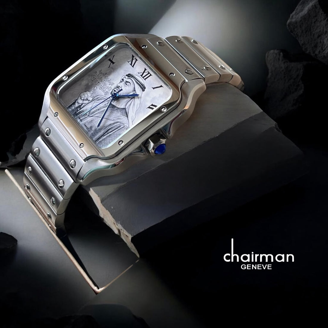 Chairman Geneve UAE Sheikh Roman Grey Dial Silver Chain Gents Watch