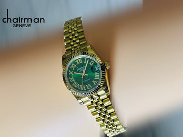 Chairman Geneve Water Resist Roman Dated Green Dial Golden Chain Ladies Watch