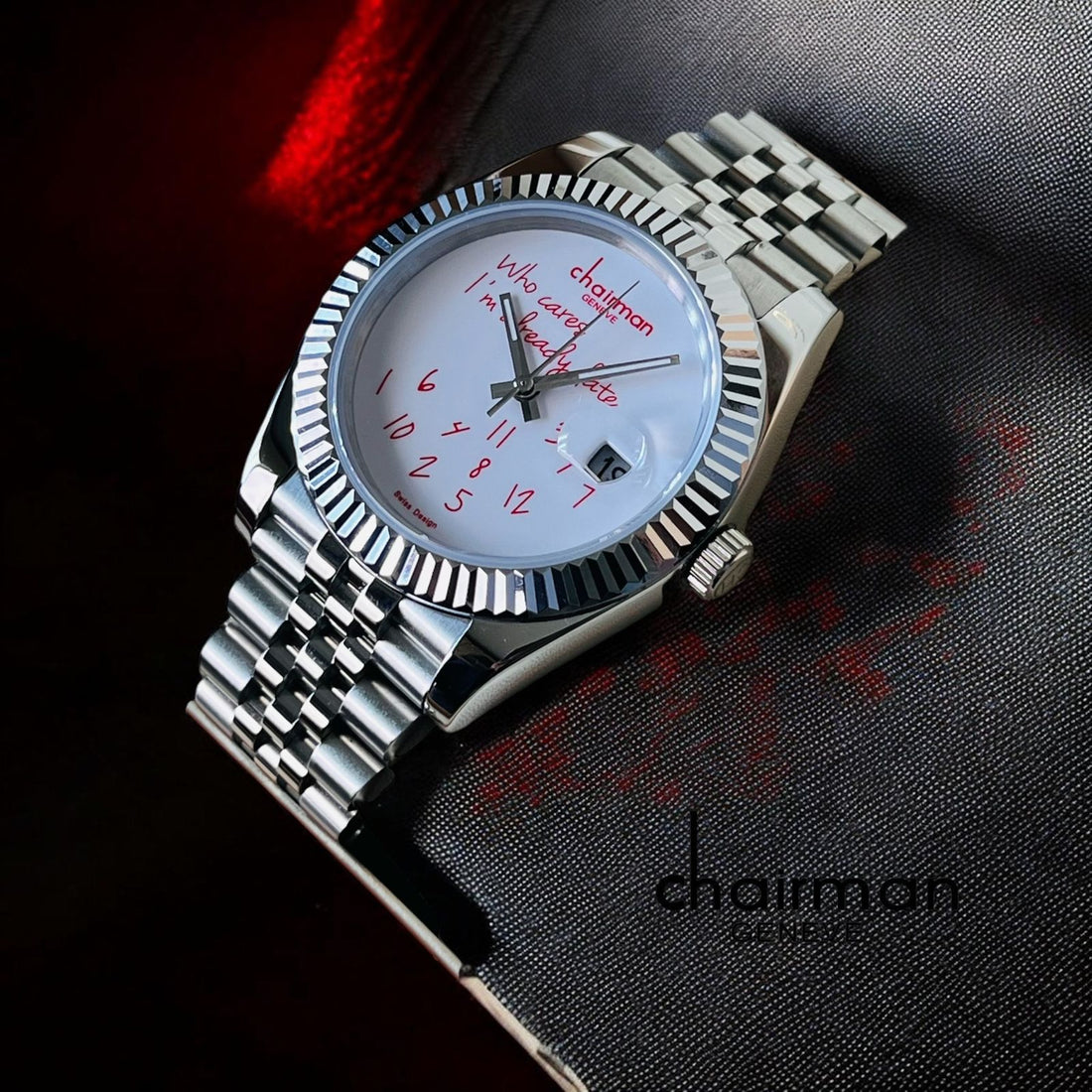 Chairman Geneve White Dated Dial Silver Chain Gents Watch