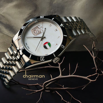 Chairman Geneve UAE Emblem Flag Arabic White Dial Silver Chain Gents Watch