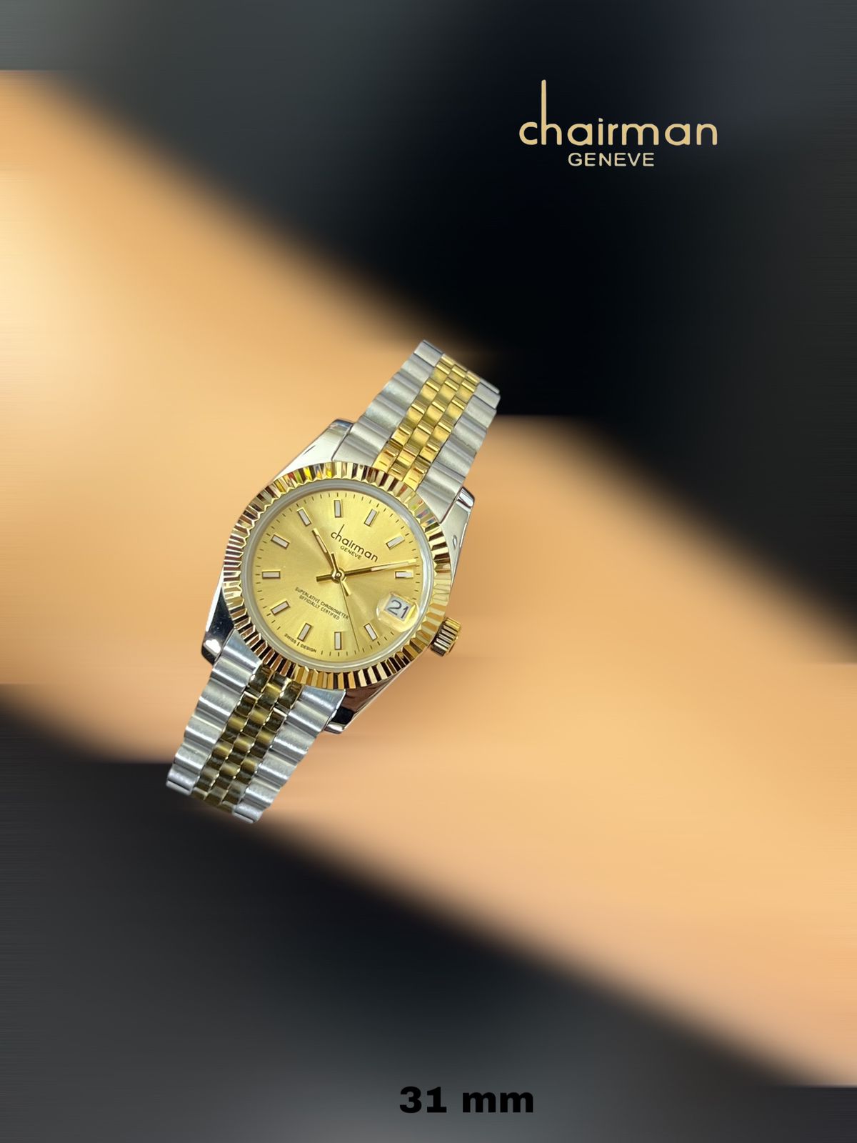 Golden Dated Dial Chairman Geneve Silver Gold Chain Gents Watch