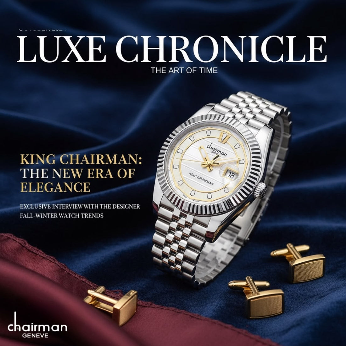 King Chairman Chairman Geneve Dated Grey And Yellow Dial Silver Chain Gents Watch