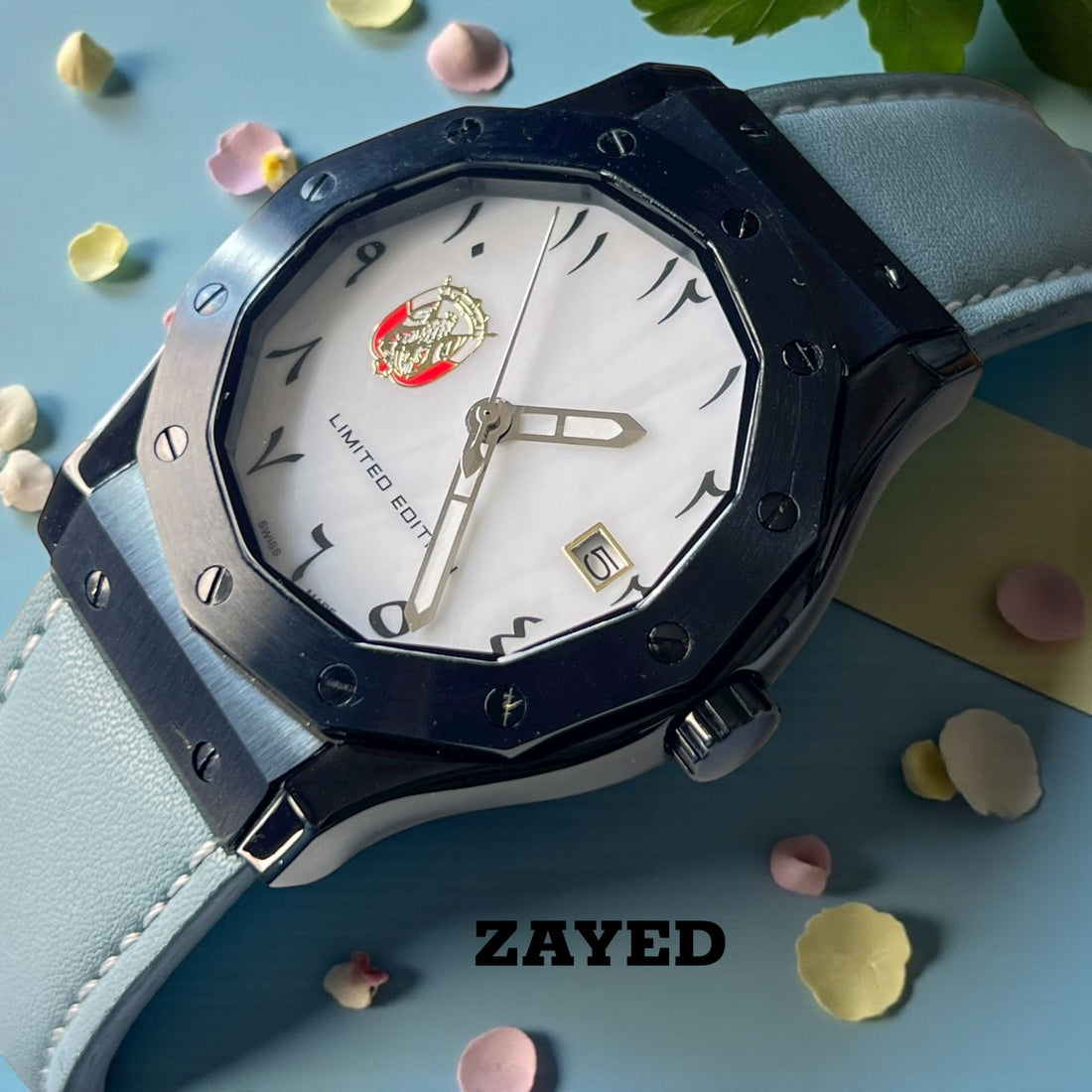Limited Edition Zayed UAE Emblem Dated Arabic White Dial Grey Strap Gents Watch