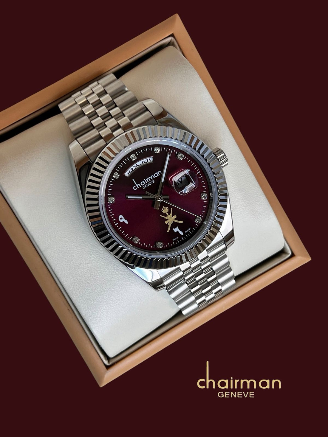 OMAN Emblem Chairman Geneve Arabic Dated Maroon Emblem Silver Chain Gents Watch
