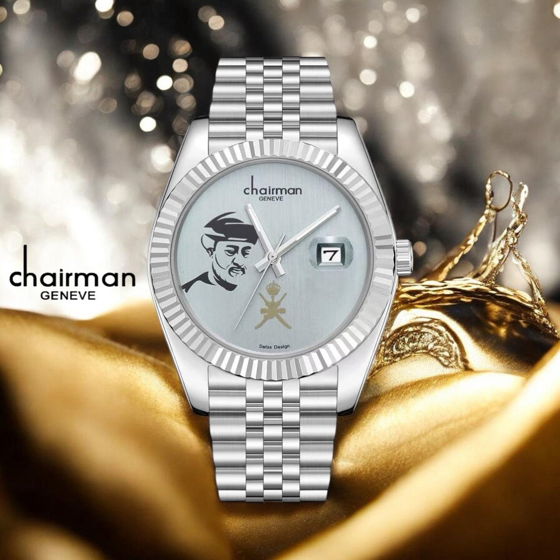 OMAN Emblem Chairman Geneve Baby Grey Sheikh Dated Dial Silver Chain Gents Watch