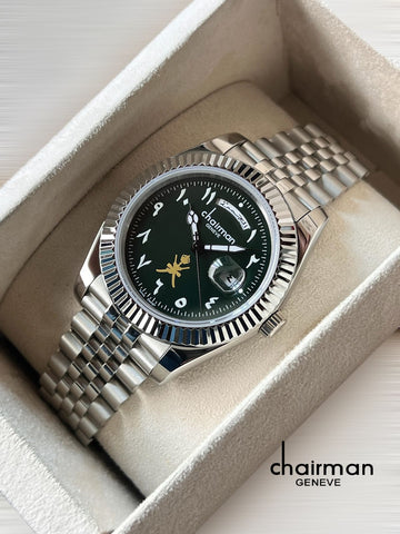 OMAN Emblem Chairman Geneve Dated Arabic Green Dial Silver Chain Gents Watch