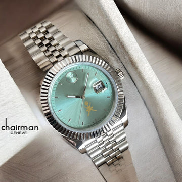 OMAN Emblem Chairman Geneve Dated Baby Green Dial Silver Chain Gents Watch