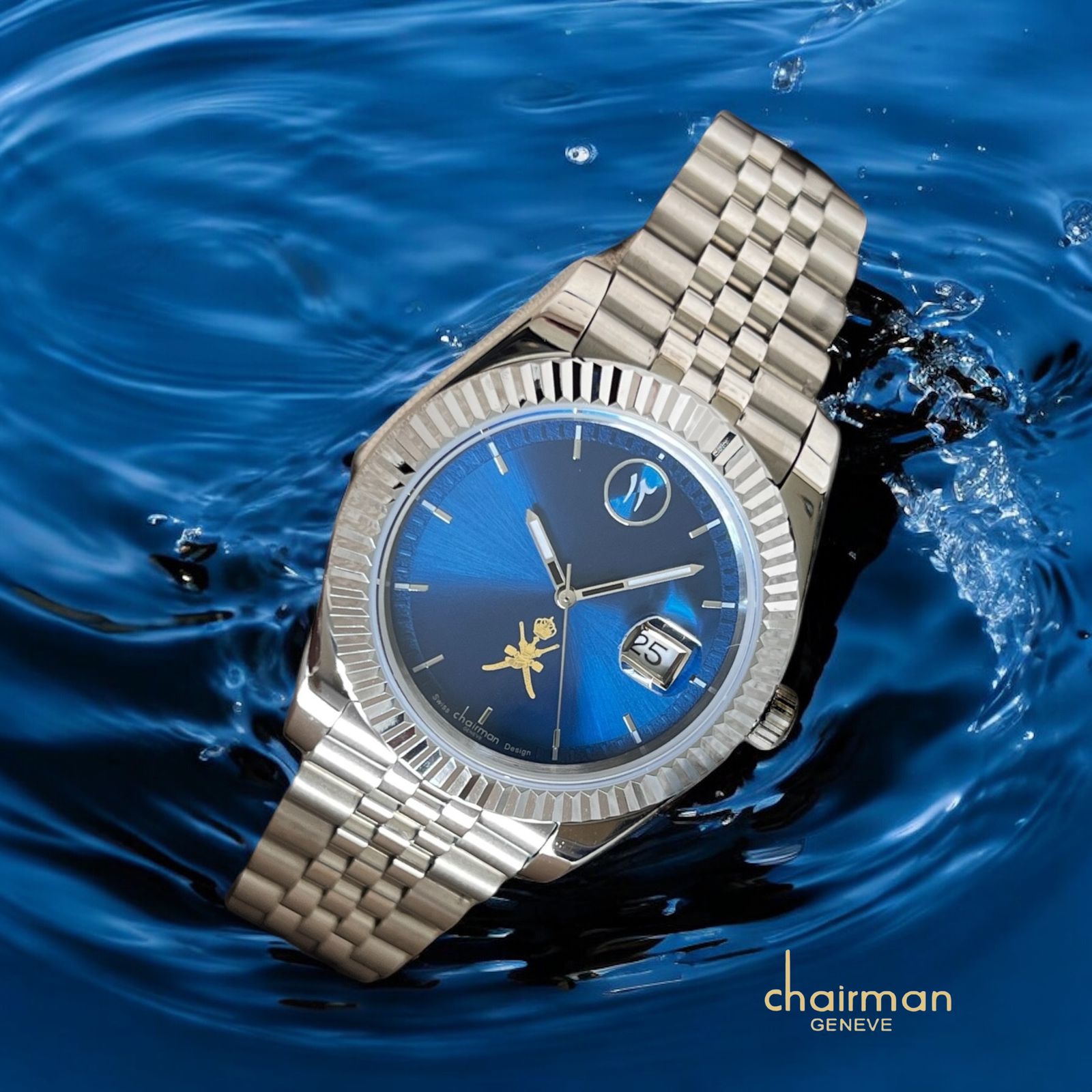 OMAN Emblem Chairman Geneve Dated Blue Dial Silver Chain Gents Watch