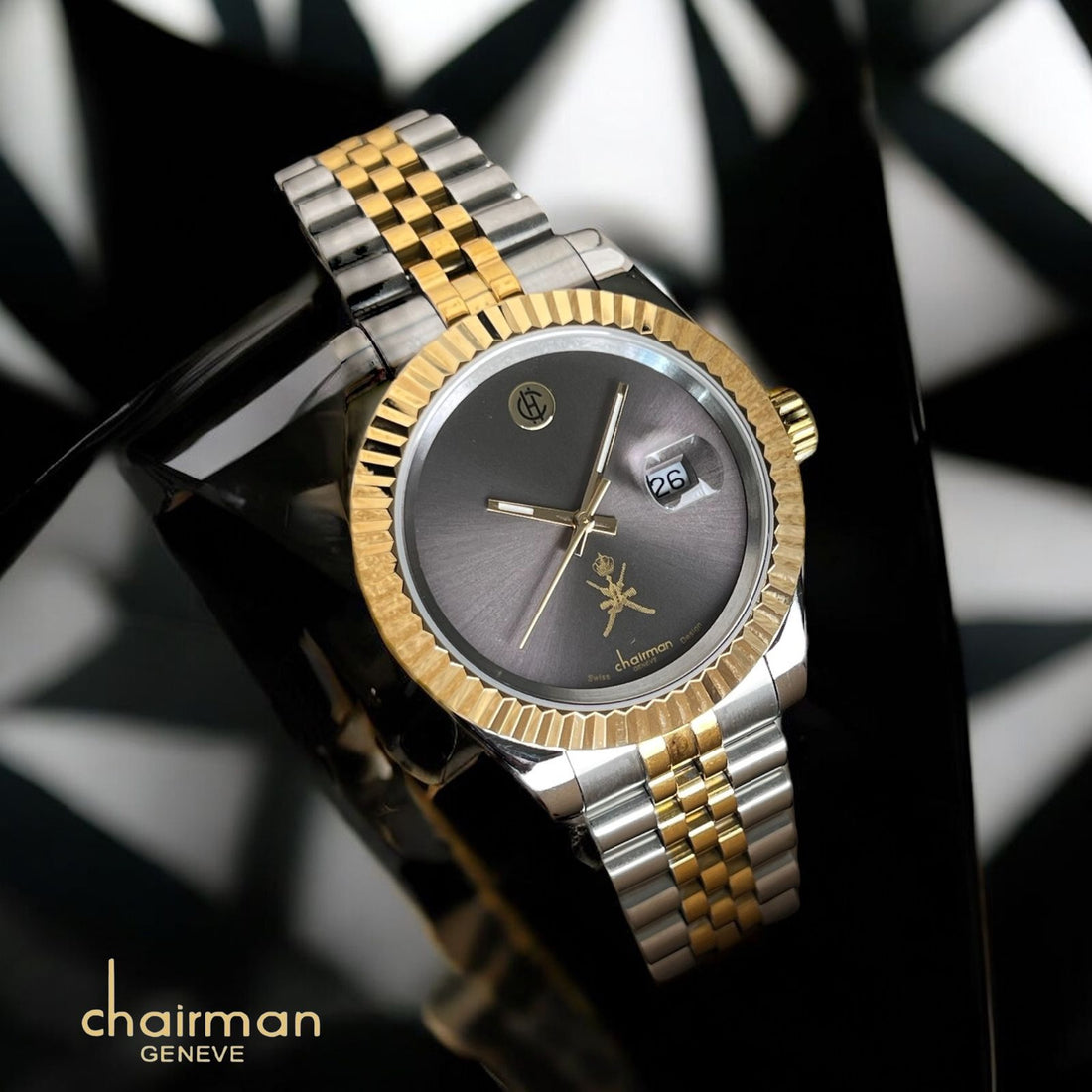 OMAN Emblem Chairman Geneve Dated Grey Dial Silver Gold Chain Gents Watch