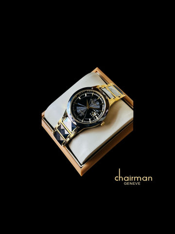 Quarts Chairman Geneve Dated Black Stone Dial Black And Golden Chain Ladies Watch