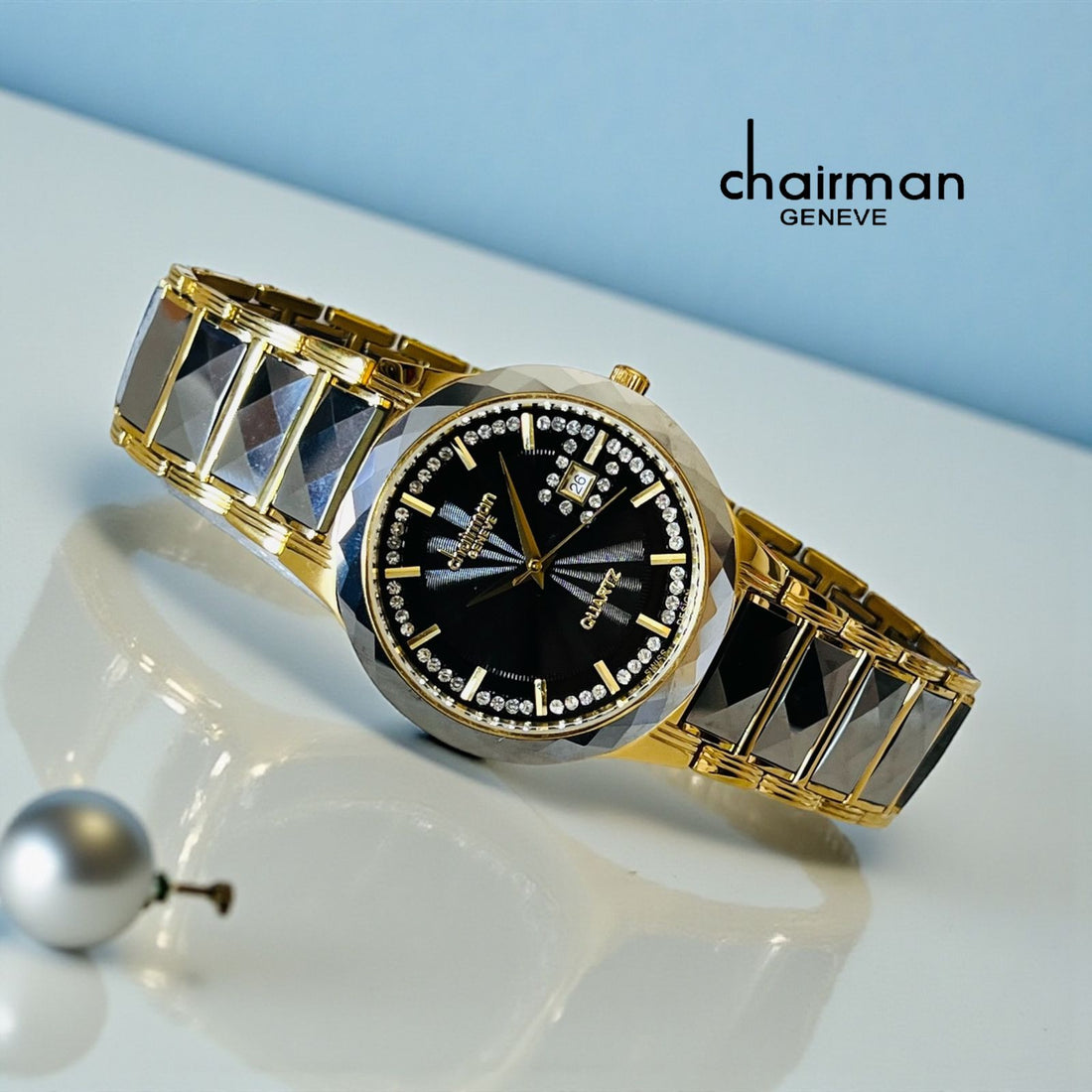 Quarts Chairman Geneve Dated Black Stone Dial Black And Golden Chain Ladies Watch