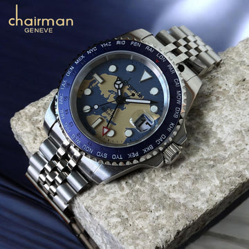 Quartz Chairman Geneve Dated Blue And Beige Dial Silver Chain Gents Watch