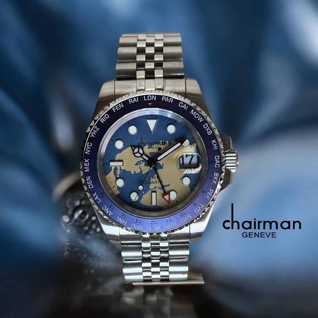 Quartz Chairman Geneve Dated Blue And Beige Dial Silver Chain Gents Watch