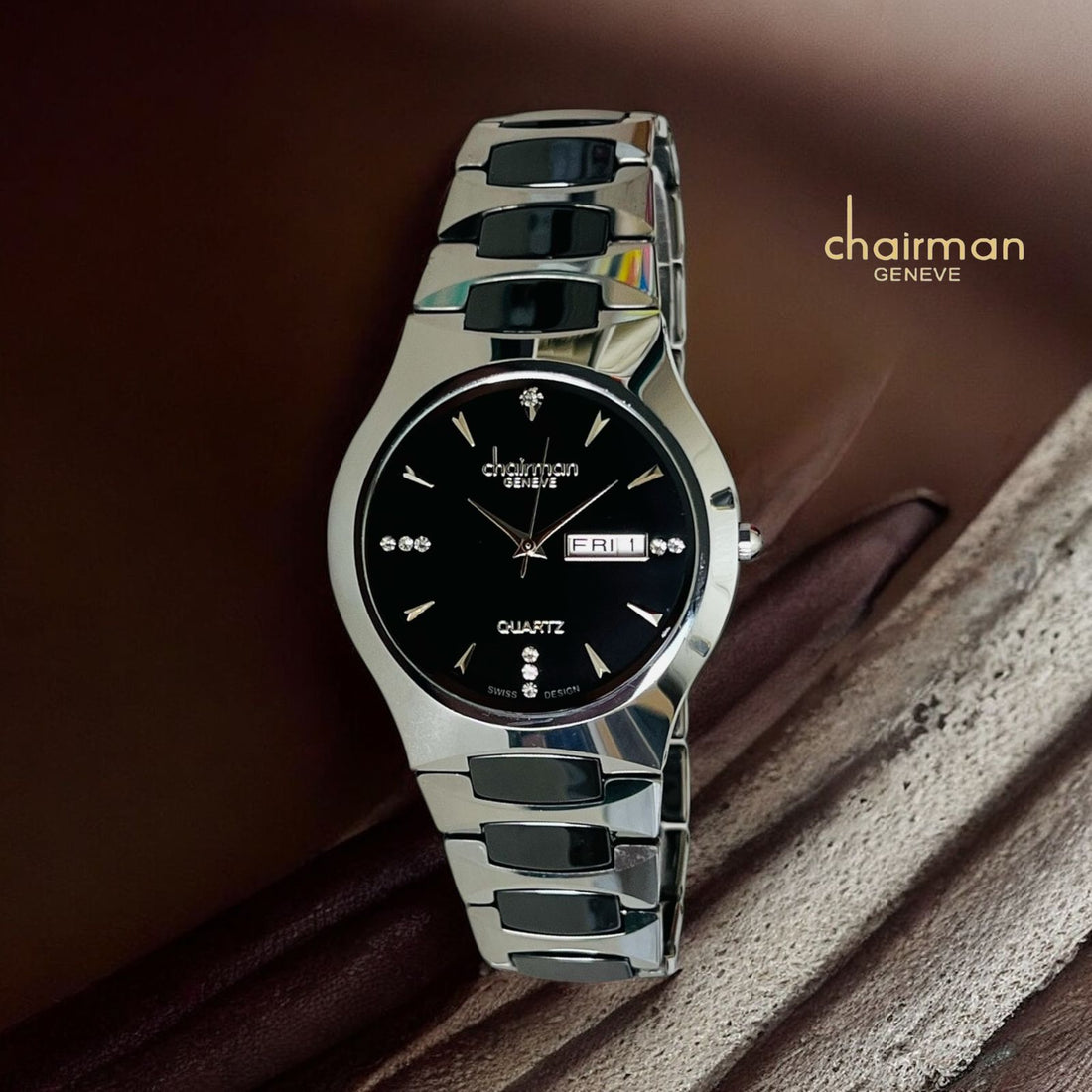 Quartz Chairman Geneve Day And Dated Black Dial Black And Silver Chain Ladies Watch