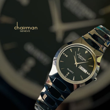 Quartz Chairman Geneve Day And Dated Black Dial Black And Silver Chain Ladies Watch
