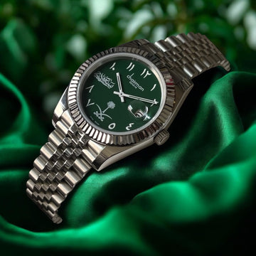 SAUDI Emblem Chairman Geneve Dated Green Arabic Dial Silver Chain Gents Watch
