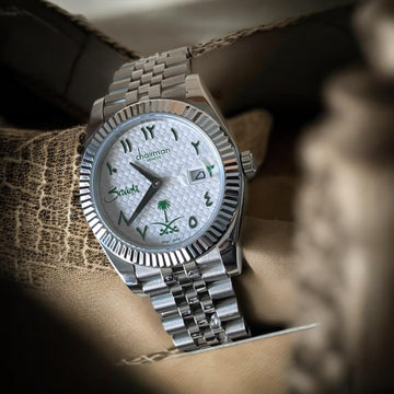 SAUDI Emblem Chairman Geneve Dated White Arabic Dial Silver Chain Gents Watch