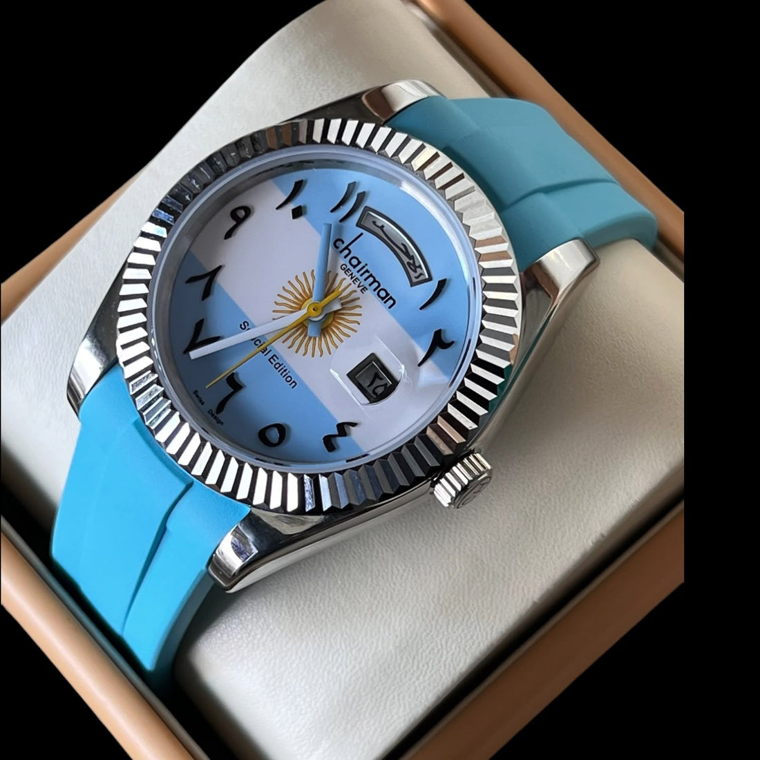 Special Edition Chairman Geneve Arabic Dated Blue And White Dial Blue Strap Gents Watch