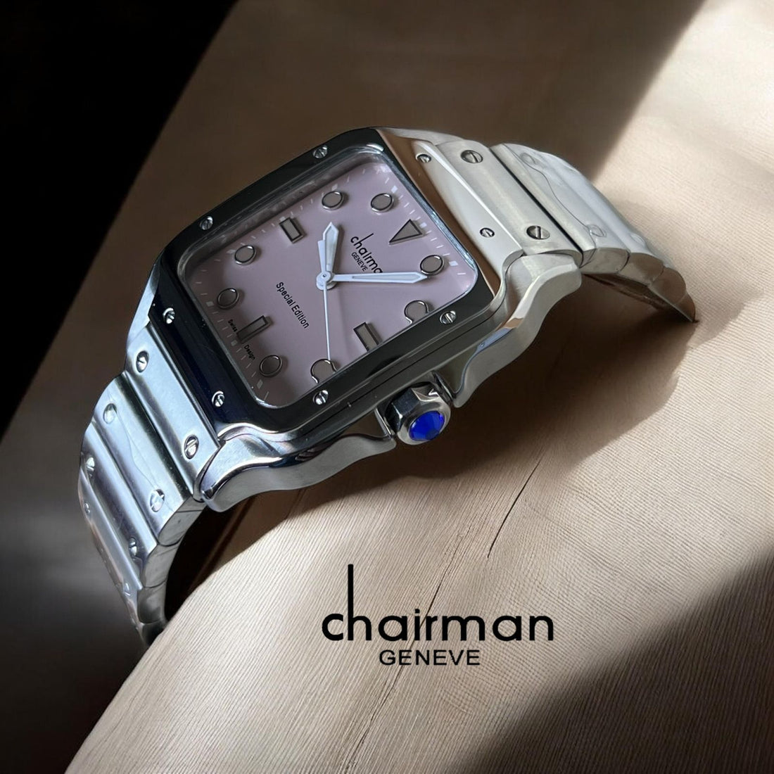 Special Edition Chairman Geneve Baby Pink Dial Silver Chain Gents Watch