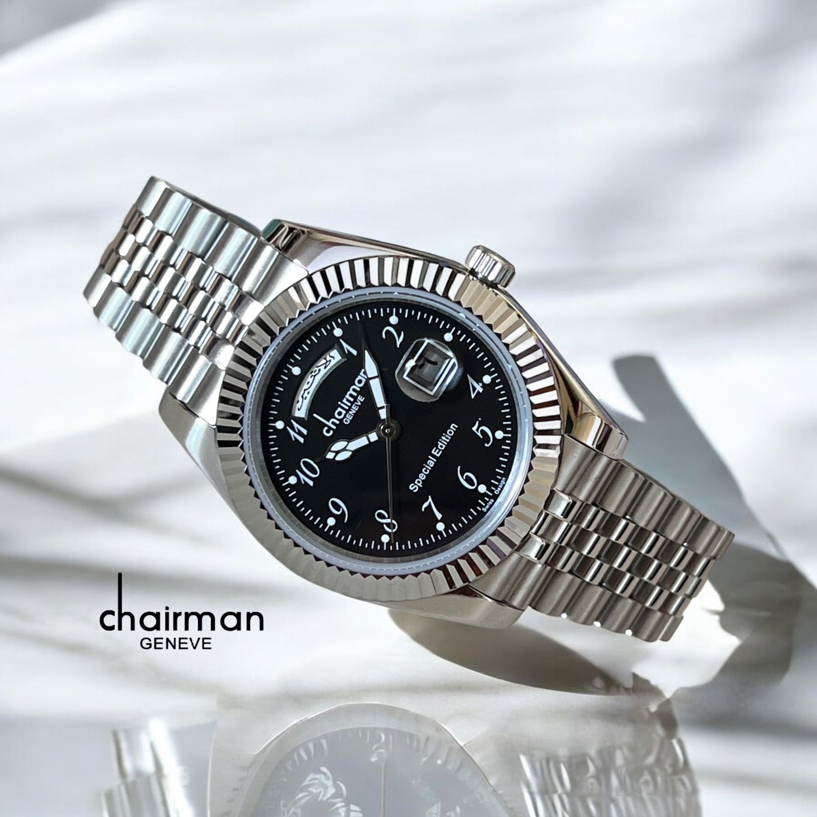 Special Edition Chairman Geneve Dated Black Dial Silver Chain Gents Watch