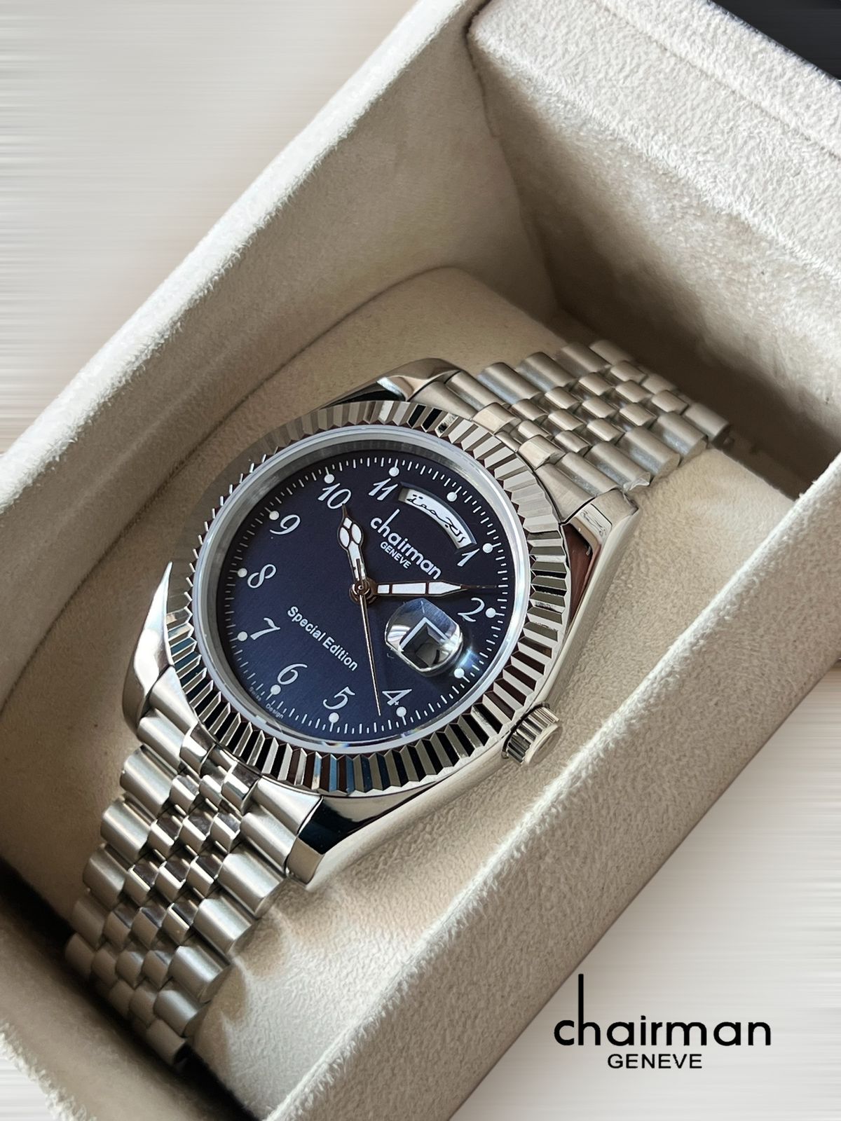 Special Edition Chairman Geneve Dated Blue Dial Silver Chain Gents Watch