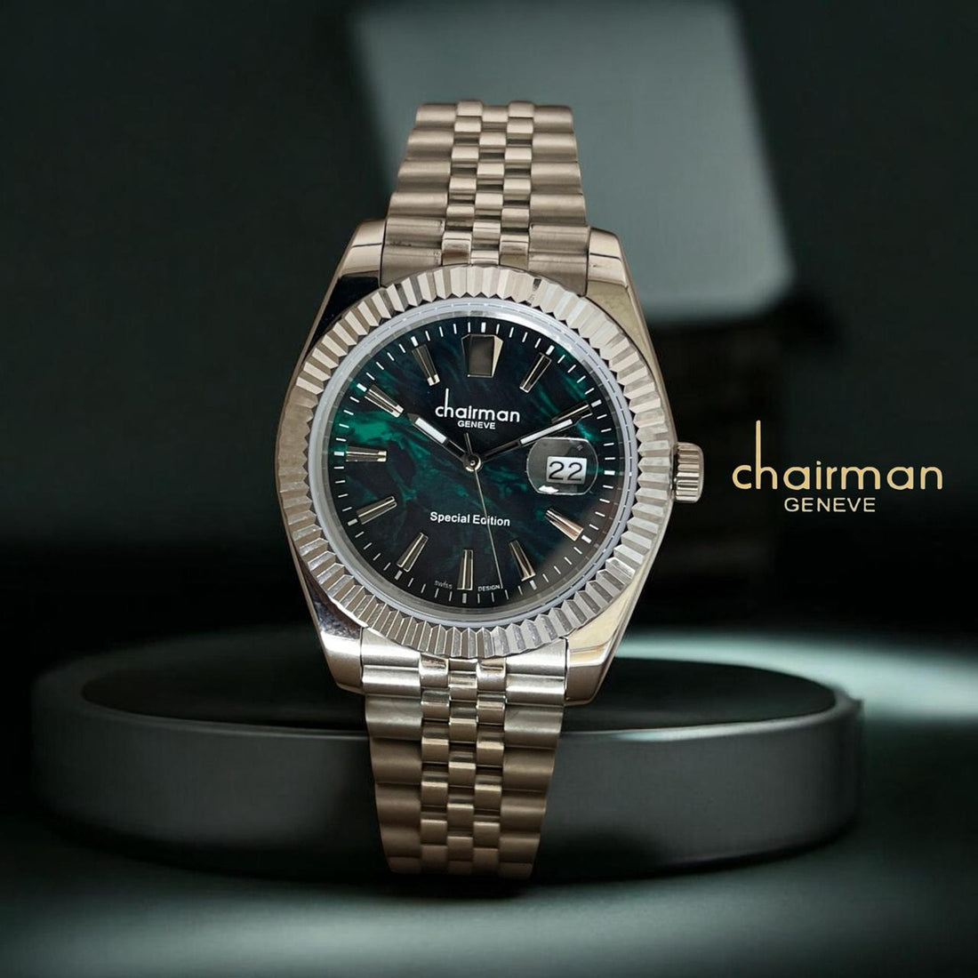 Special Edition Chairman Geneve Dated Green Marble Dial Silver Chain Gents Watch