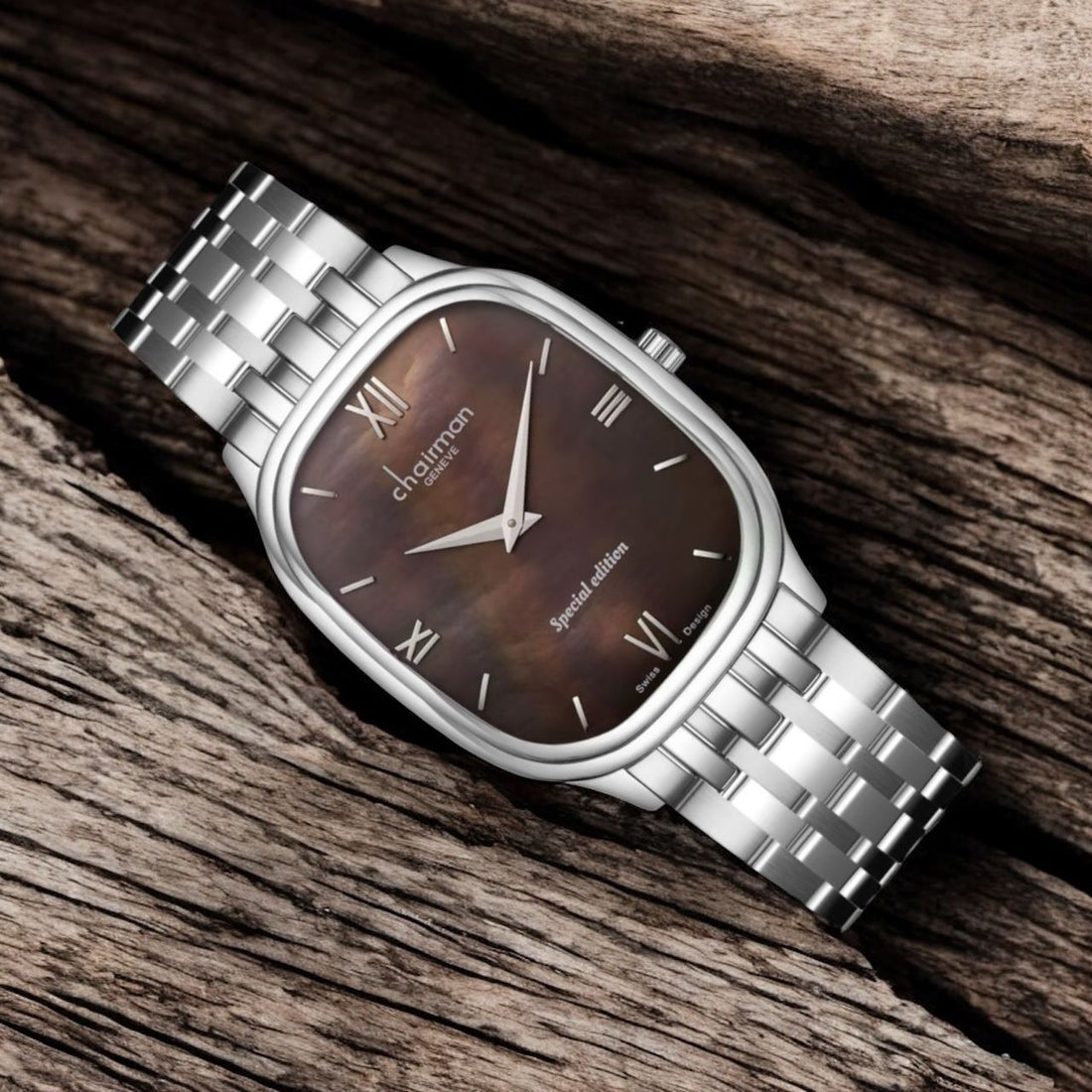 Special Edition Chairman Geneve Roman Brown Dial Silver Chain Gents Watch