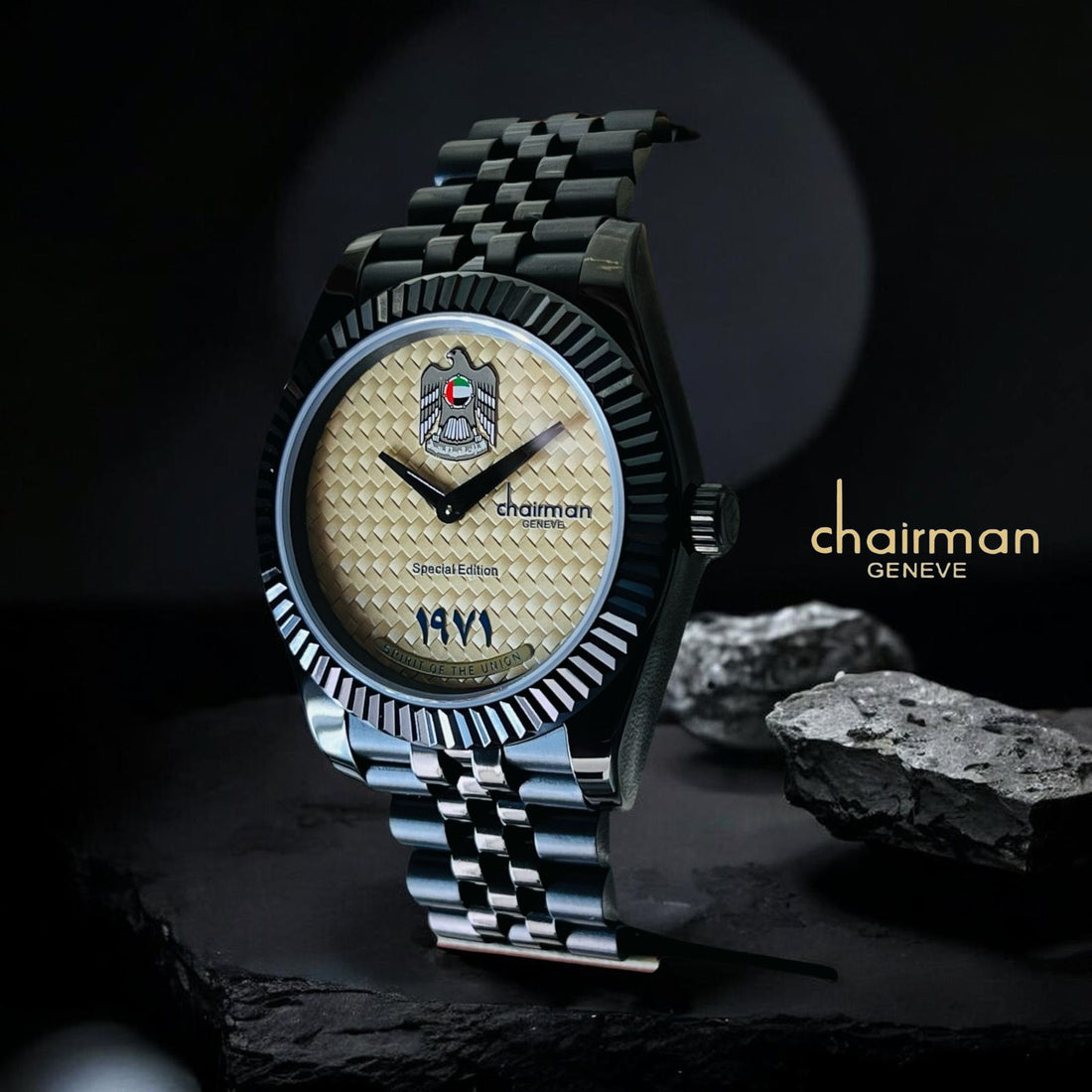 Special Edition Chairman Geneve UAE Emblem Beige Dial Black Chain Gents Watch