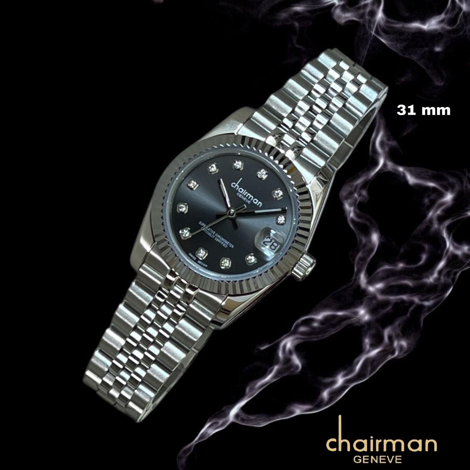 Stone Black Dated Dial Silver Strap Chairman Geneve Gents Watch