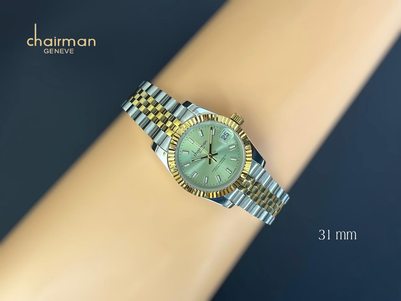 Superlative Chronometer Chairman Geneve Green Dated Dial Silver And Gold Strap Gents Watch