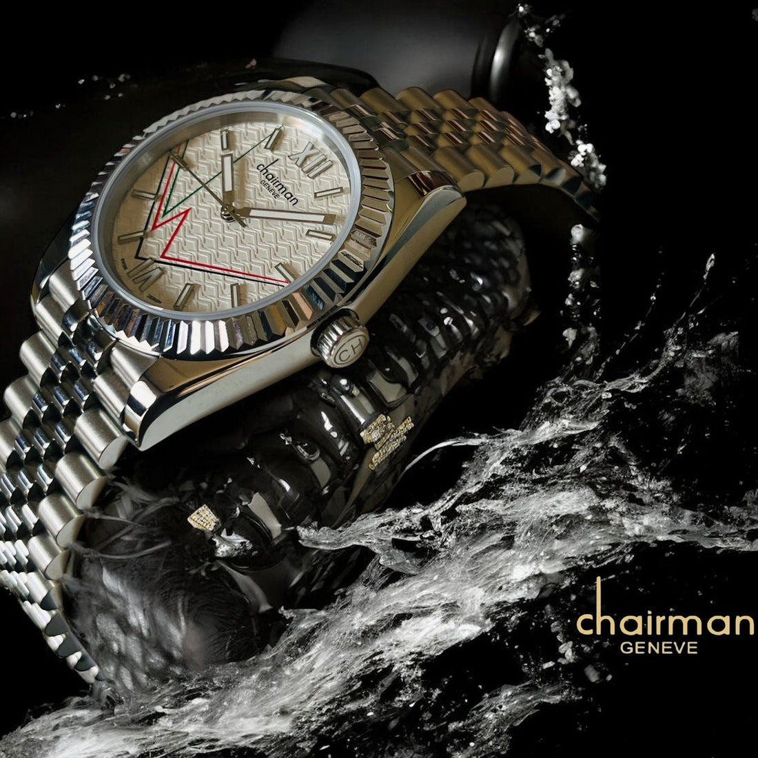 Swiss Design Chairman Geneve Beige Roman Dial Silver Chain Gents Watch