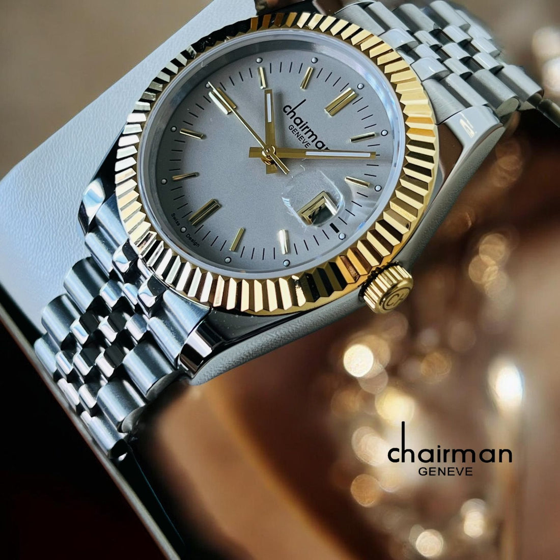 Swiss Design Chairman Geneve Dated Baby Grey Dial Silver Chain Gents Watch