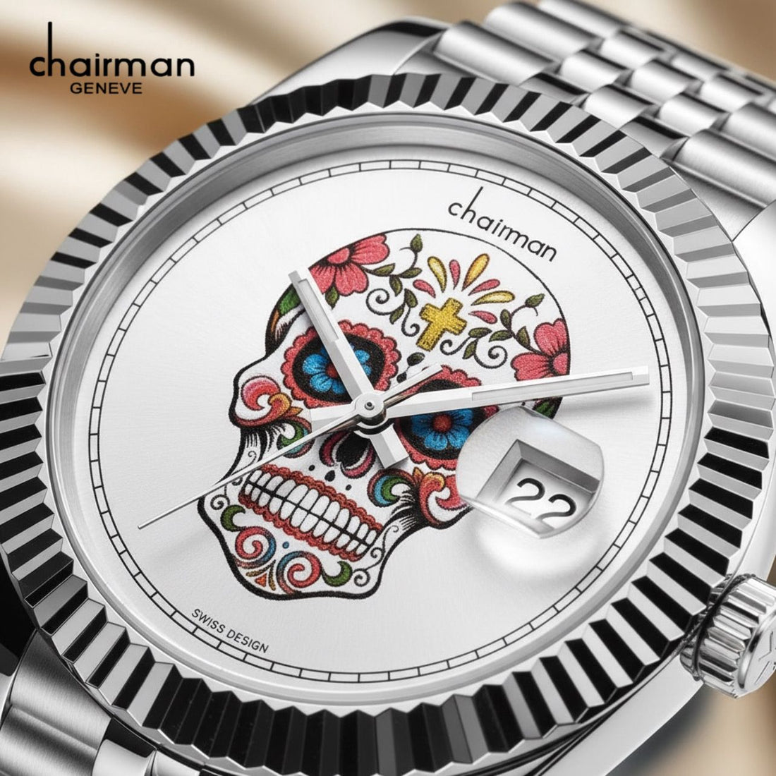 Swiss Design Chairman Geneve Dated White Dial Silver Chain Gents Watch