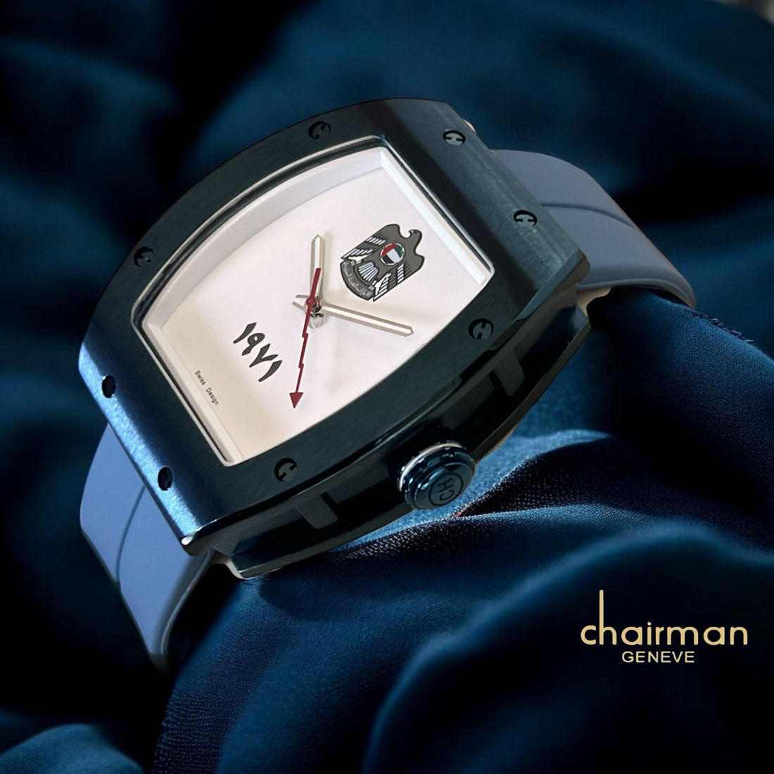 Swiss Design Chairman Geneve UAE Emblem Beige Dial Blue Strap Gents Watch