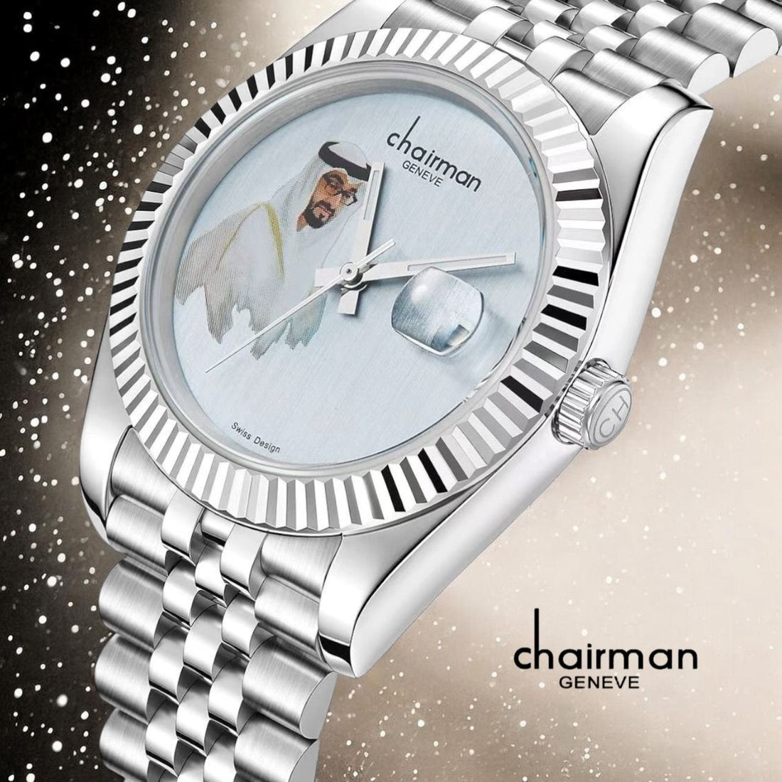 Swiss Design Chairman Geneve UAE Sheikh Baby Grey Dated Dial Silver Chain Gents Watch