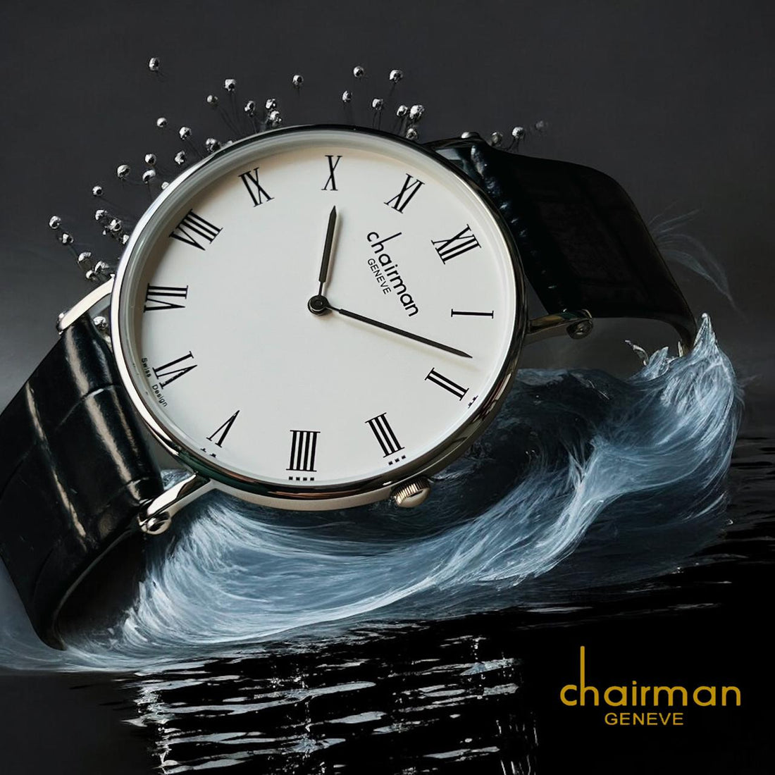 Swiss Design Chairman Geneve White Roman Dial Black Strap Gents Watch