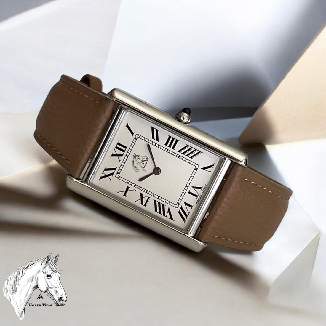 SWISS MOVT Horse Time White Roman Dial Brown Strap Gents Watch